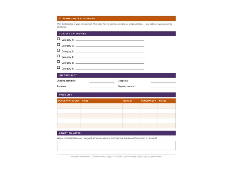 May include: A white printable costume contest planning sheet with orange and purple headers. It includes sections for contest categories, judging slots, a prize list table with columns for budget and notes, and a space for logistics notes.