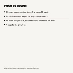 May include: A white informational page with black text titled What is inside. It lists 21 maze pages, 21 answer pages, an index with grid and square sizes, and a page for the grown-up. It notes squares from just over an inch to a third of an inch.