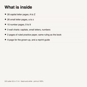 May include: A black and white informational list titled What is inside, detailing contents: 26 capital letter pages A to Z, 26 small letter pages a to z, 10 number pages 0 to 9, 3 wall charts, 2 pages of ruled practice paper, and a reprint guide. US Letter 8.5 x 11 in.