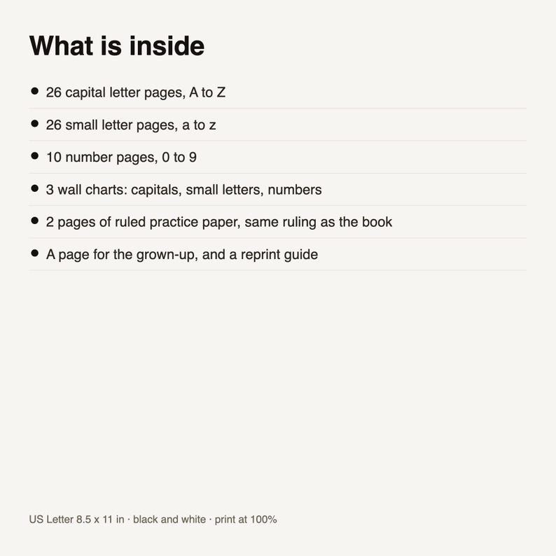 May include: A black and white informational list titled What is inside, detailing contents: 26 capital letter pages A to Z, 26 small letter pages a to z, 10 number pages 0 to 9, 3 wall charts, 2 pages of ruled practice paper, and a reprint guide. US Letter 8.5 x 11 in.