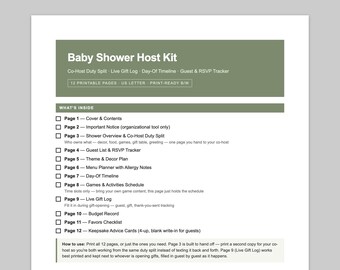 Baby Shower Host Kit Printable | Co-Host Duty Split, Live Gift Log, Day-Of Timeline | 12-Page PDF