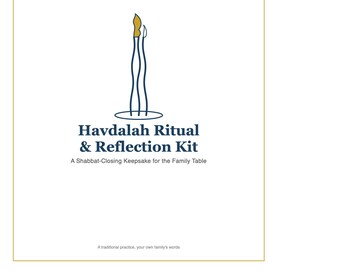 May include: A white rectangular card with a gold border featuring a blue line-art illustration of a candle. Text reads: Havdalah Ritual & Reflection Kit, A Shabbat-Closing Keepsake for the Family Table, and A traditional practice, your own family's words.