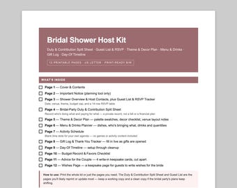 Bridal Shower Host Kit Printable | Bridal-Party Duty & Contribution Split Sheet, Guest List RSVP, Gift Log, Day-Of Timeline | 12-Page PDF