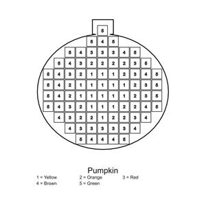 May include: A black and white grid pattern in the shape of a pumpkin ornament, featuring numbered squares from 1 to 5. Below the grid, the text reads Pumpkin, with a legend defining 1 as Yellow, 2 as Orange, 3 as Red, 4 as Brown, and 5 as Green.