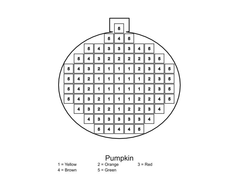 May include: A black and white grid pattern in the shape of a pumpkin ornament, featuring numbered squares from 1 to 5. Below the grid, the text reads Pumpkin, with a legend defining 1 as Yellow, 2 as Orange, 3 as Red, 4 as Brown, and 5 as Green.