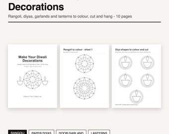 Kit de bricolage et de coloriage Diwali à imprimer | Rangoli, diyas en papier, lanternes + 4 kits bonus pour enfants | 84 pages à télécharger instantanément