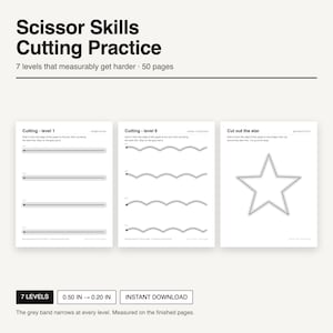May include: A Scissor Skills Cutting Practice workbook with 50 pages and 7 levels. The pages feature black lines and grey bands for cutting guidance, including straight lines, wavy lines, and a star shape, with widths from 0.50 in to 0.20 in.