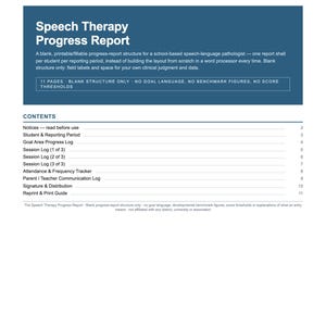 May include: A printable 11-page Speech Therapy Progress Report document. The header features a blue background with white text. The contents list includes sections for student information, goal area logs, session logs, attendance, and communication.
