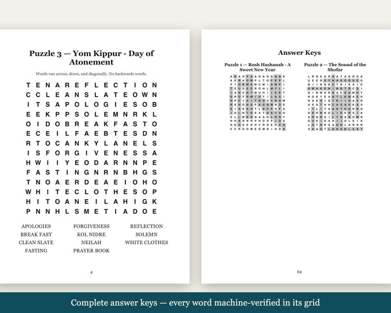 Rosh Hashanah Word Search Large Print | 72 Jewish Puzzles + 3 Bonus Coloring Books | High Holidays, Sukkot, Shabbat | 5 Files image 3