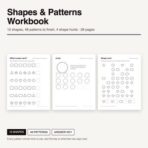 Puede incluir: Un cuaderno de ejercicios Shapes & Patterns de 28 p&aacute;ginas con 10 formas, 48 patrones para completar y 4 b&uacute;squedas de formas. Incluye hojas de actividades en blanco y negro con ejercicios de secuencias, trazado de c&iacute;rculos y conteo de formas.