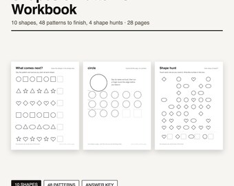 Shapes and Patterns Workbook Printable | 28 Pages | 10 Shapes, 48 Patterns to Finish, 4 Shape Hunts | Preschool Math