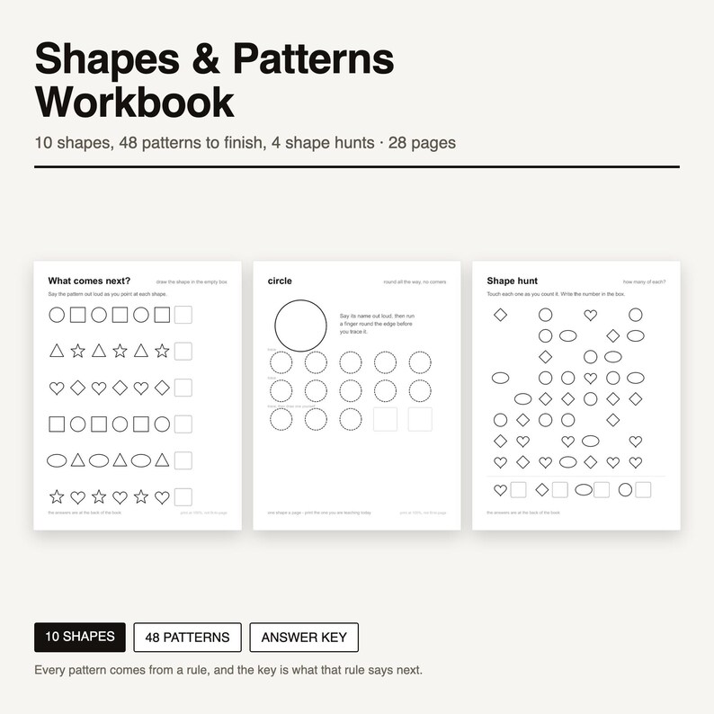 Puede incluir: Un cuaderno de ejercicios Shapes & Patterns de 28 p&aacute;ginas con 10 formas, 48 patrones para completar y 4 b&uacute;squedas de formas. Incluye hojas de actividades en blanco y negro con ejercicios de secuencias, trazado de c&iacute;rculos y conteo de formas.