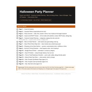 May include: A black and white Halloween Party Planner document featuring 16 printable pages in US Letter size. The text lists sections including Guest List, Costume Contest, Menu, Decor, Budget, and a Kids Activity Pack with specific page details.