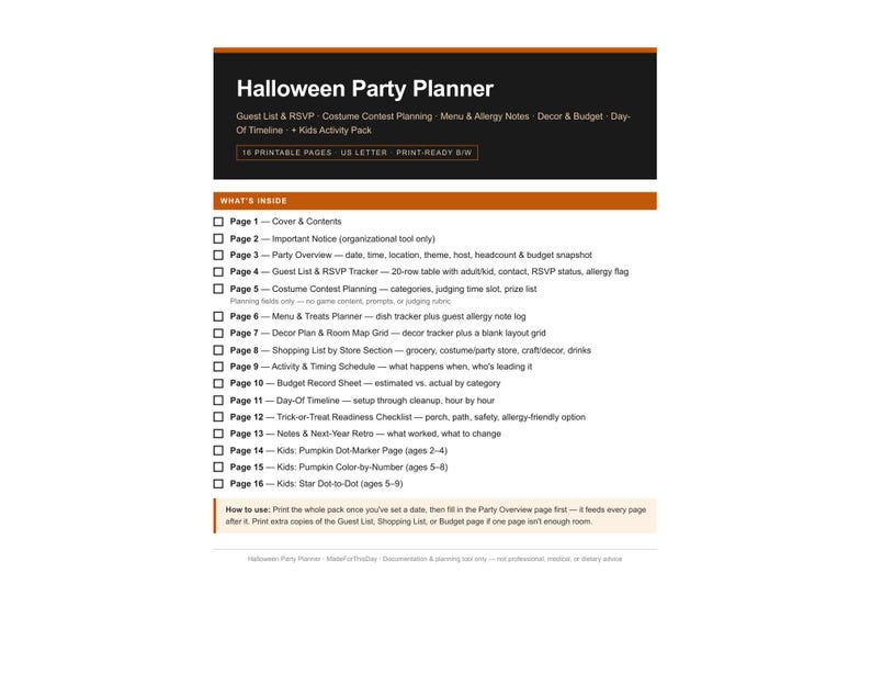 May include: A black and white Halloween Party Planner document featuring 16 printable pages in US Letter size. The text lists sections including Guest List, Costume Contest, Menu, Decor, Budget, and a Kids Activity Pack with specific page details.