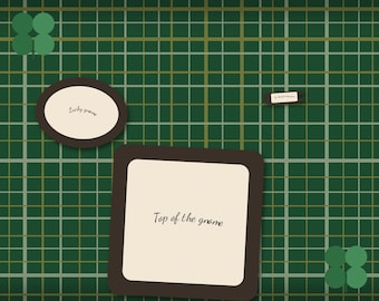 May include: A dark green grid background featuring four-leaf clover icons in the corners. It includes a small rectangular tag labelled "Lucky gnome", an oval frame with "Lucky gnome" text, and a square frame with "Top of the gnome" text.