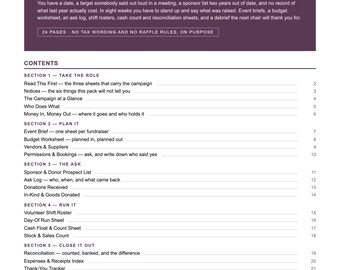 Classeur du responsable de la collecte de fonds de l'association des parents d'élèves, planificateur de collecte de fonds, registre des demandes de parrainage, comptage et rapprochement des espèces, PDF imprimable de 24 pages