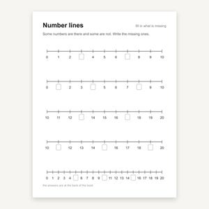 Pode incluir: Uma folha de exerc&iacute;cios educativa branca intitulada Number lines com a instru&ccedil;&atilde;o fill in what is missing. A p&aacute;gina apresenta cinco retas num&eacute;ricas horizontais com marcas pretas e caixas quadradas vazias para preencher n&uacute;meros de 0 a 20.