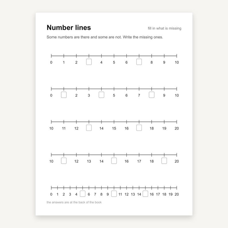 Pode incluir: Uma folha de exerc&iacute;cios educativa branca intitulada Number lines com a instru&ccedil;&atilde;o fill in what is missing. A p&aacute;gina apresenta cinco retas num&eacute;ricas horizontais com marcas pretas e caixas quadradas vazias para preencher n&uacute;meros de 0 a 20.