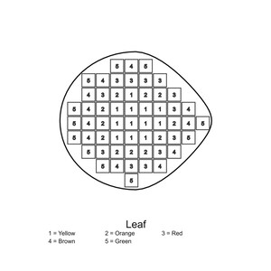 May include: A paint-by-number leaf template featuring a grid of numbered squares inside an outline. The legend lists 1=Yellow, 2=Orange, 3=Red, 4=Brown, and 5=Green. The grid contains numbers 1 through 5 arranged to form a leaf shape.
