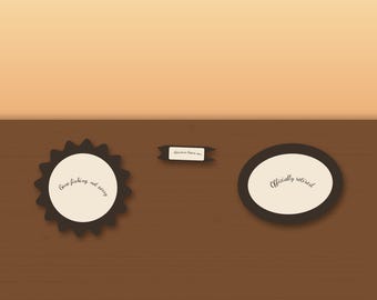May include: Three dark brown and cream labels with text. The circular label reads "Gone fishing not sorry," the small rectangular label reads "Adventure begins now," and the oval label reads "Officially retired" in a cursive script font.