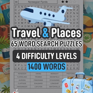 Op de afbeelding: Een afdrukbaar PDF-woordzoekpuzzelboek getiteld "Reizen & Plaatsen" met 65 puzzels en 4 moeilijkheidsgraden. De omslag toont een lichtblauw vliegtuig, een koffer met reisstickers en de tekst "1400 Woorden".