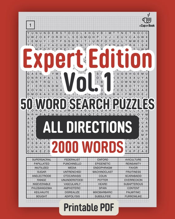 Expert Word Search for Adults — 50 Hardest Printable Puzzles, 30x30 Grid, 40 Words Each, All 8 Directions, PDF