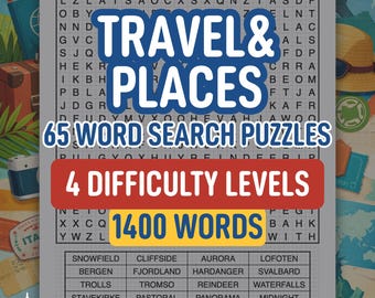 Sopa de letras de viajes para adultos: 65 rompecabezas imprimibles de ciudades y lugares emblemáticos, 4 niveles, PDF