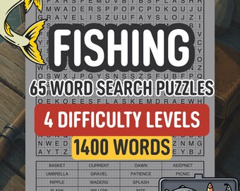 Woordzoeker vissen voor volwassenen: 65 afdrukbare puzzels, van de rivieroever tot het grote wild, 4 niveaus, pdf