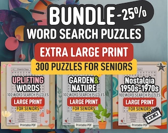Garden, Uplifting & Nostalgia Bundle — 3 Large Print Word Search Volumes for Seniors, PDF Download