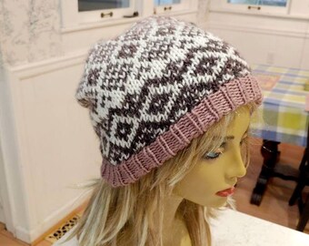 Fair Isle Beanie Hat, Fair Isle Hat, Knit Hat with Designs, Dusty Rose Beanie, Hand Knit Beanie, Hand Knit Hat, Matching Cowl Available
