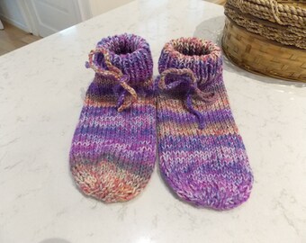 Drawstring Slippers for Women, Shoe Size 6 - 7, Hand Knit Purple Slipper Socks, Mismatched Socks, Thick Shortie Socks, Grippers Available