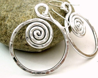 Wire Wrapped Jewelry Handmade, Silver Spiral Earrings, Aluminum Jewelry, Hammered Aluminum Earrings, Lightweight Earrings, Hammered Silver