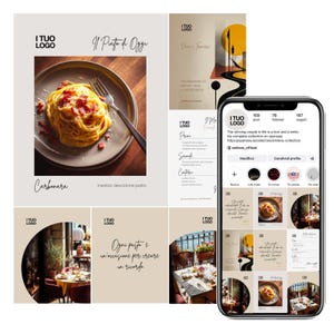 Può includere: Post sui social media con pasta alla carbonara in un piatto con una forchetta e uno smartphone che mostra un profilo con post a tema cibo. Il testo include "I TUO LOGO", "Carbonara" e frasi italiane.