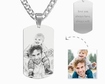 Personalized Photo Necklace with Custom Text| Stainless Steel Picture Pendant| Custom Engraved Memorial Necklace| Gift for Him