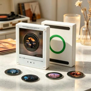 May include: A white rectangular music player display frame with a central circular window showing album art, featuring playback controls and the text THIS IS THE SHINING STAR IN MY ORDINARY LIFE. Includes a second white frame with a green ring and four circular discs.