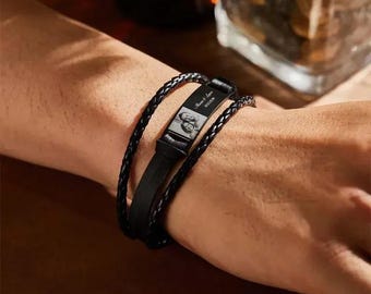 Custom Photo Mens Bracelet| Personalized Leather Bracelet with Engraved Name & Date| Custom Picture Bracelet | Gift for him,Fathers day gift