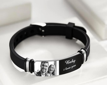 Personalized Men’s Photo Engraved Bracelet | Custom Black Bracelet for Husband | Wedding Gift for Newly Married Couple | Photo Bracelet