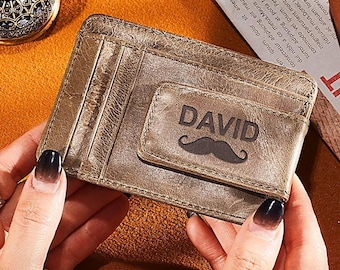 Personalized PU Leather Wallet Card Holder| Custom Engraved Name Mustache Wallet| Slim Minimalist Card Wallet| Gift for Dad
