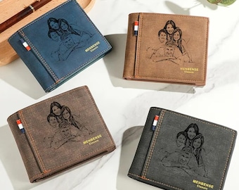 Personalized Photo Leather Wallet for Men| Custom Picture Wallet with Text| Engraved PU Leather Bifold Wallet| Birthday Gift for Husband/Dad