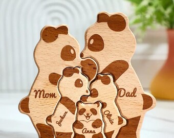Custom Name Wooden Panda Family Puzzle, Personalized Bear Block Decor, Family Keepsake Gift, Wooden Animal Ornament, Fathers Day Gift