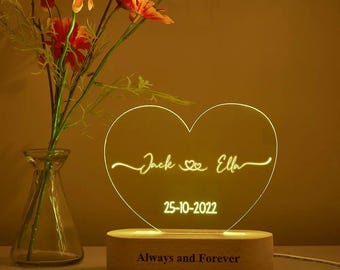 Personalized Heart Shaped Acrylic Night Light| Custom Name and Date LED Plaque| Romantic Couple Gift| Anniversary Keepsake Decor