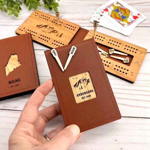 Custom Travel Cribbage Board & Personalized Pegs, 2 Player, Name on Pegs, Any Design Cribbage Game, Pocket Folding Leather and Wood Cribbage
