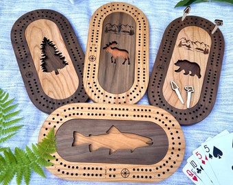 Wildlife Mini Cribbage Board Personalized with Custom Pegs - Walnut & Cherry - Bees, Fish, Moose, Bear, Tree, Bigfoot, Small Travel Cribbage