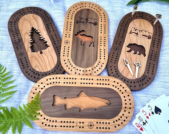 Wildlife Mini Cribbage Board Personalized with Custom Pegs - Walnut & Cherry - Bees, Fish, Moose, Bear, Tree, Bigfoot, Small Travel Cribbage