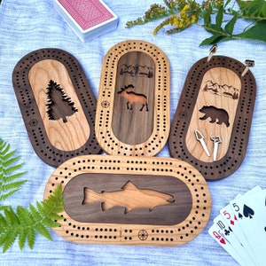 Wildlife Mini Cribbage Board Personalized with Custom Pegs - Bees, Fish, Moose, Bear, Tree, Bigfoot, Small Travel Cribbage
