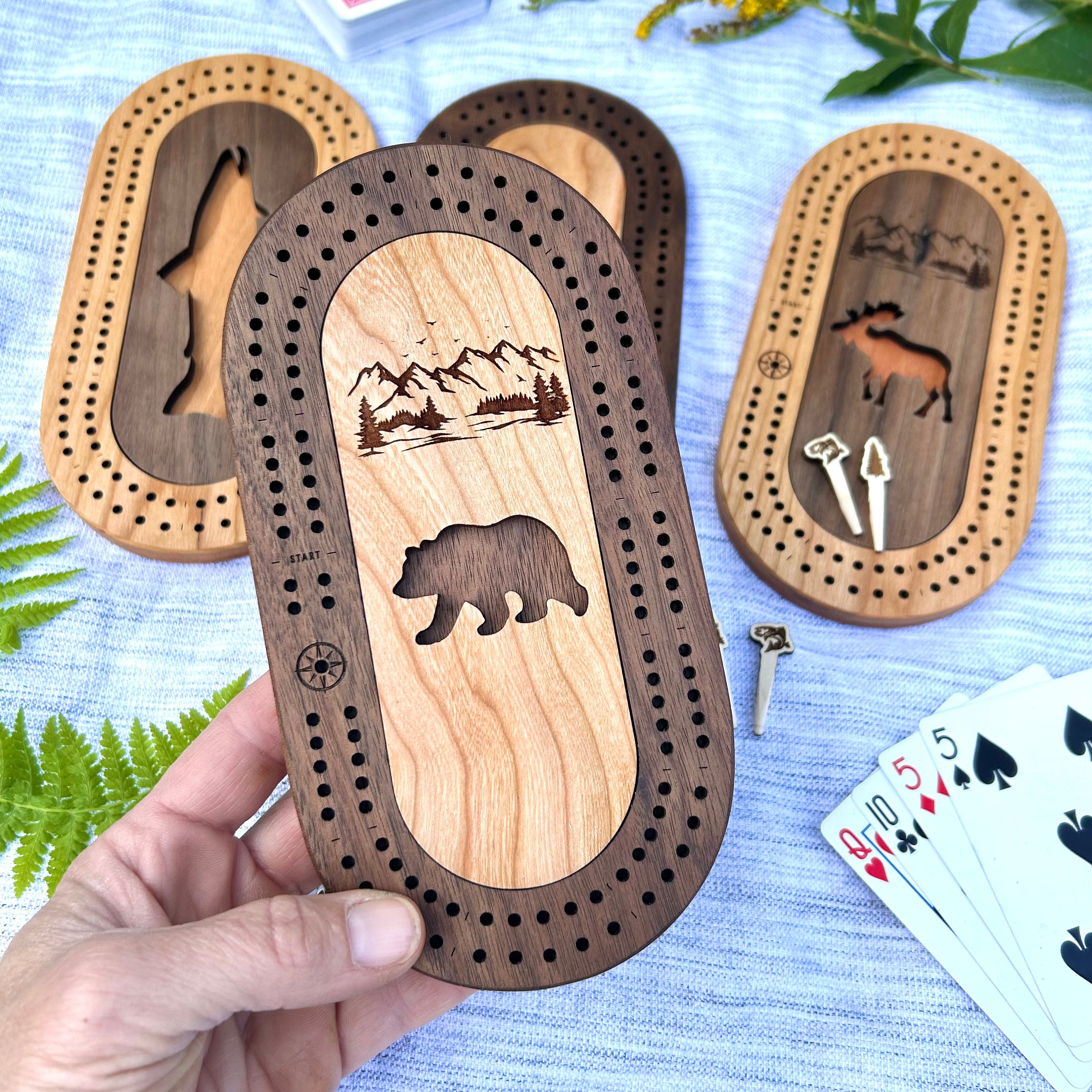 Wildlife Mini Cribbage Board Personalized with Custom Pegs - Bees, Fish, Moose, Bear, Tree, Bigfoot, Small Travel Cribbage