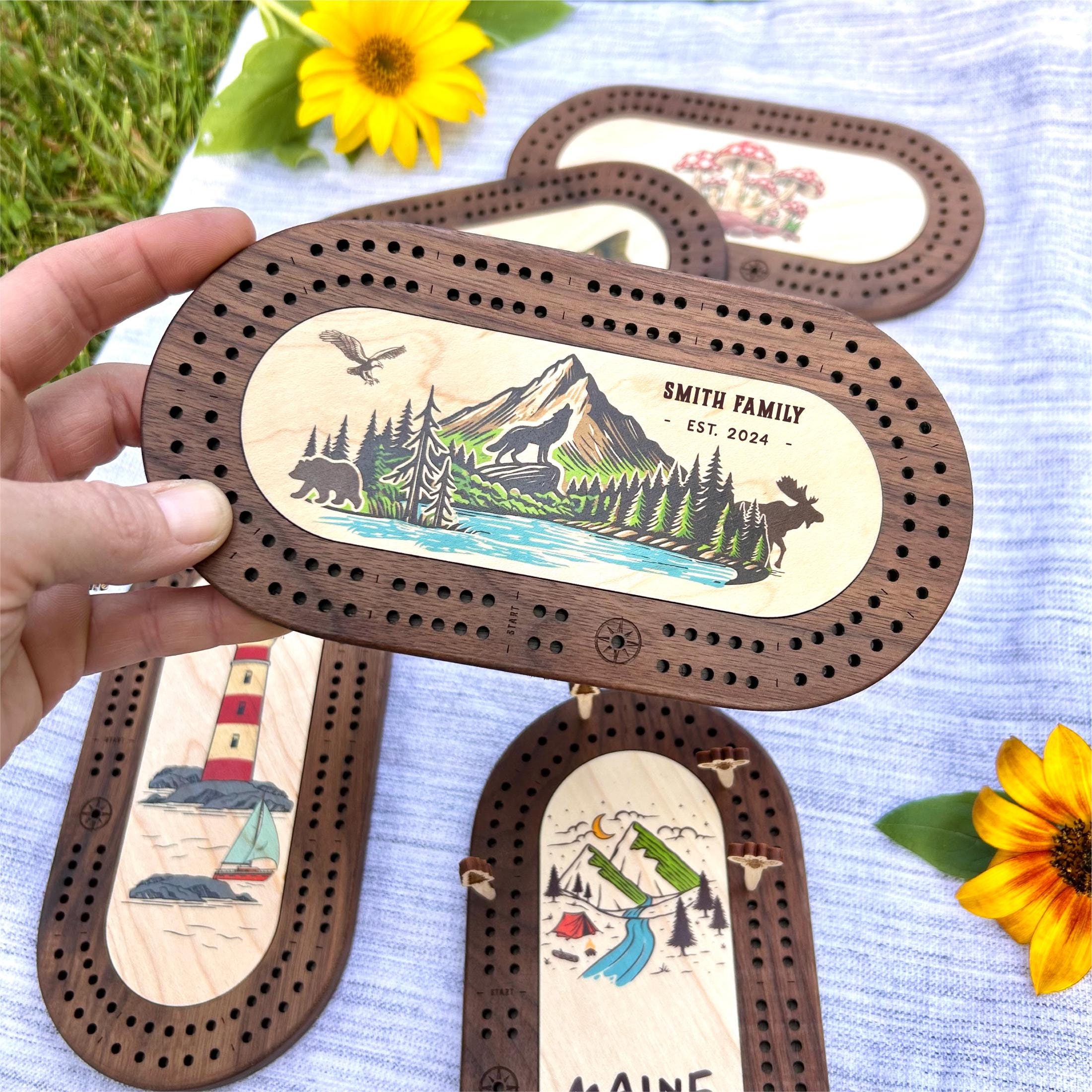 Deluxe Personalized Travel Cribbage Board: Maple & Walnut, Wildlife Pegs, Fish, Mountain Scene, Wilderness, Nautical