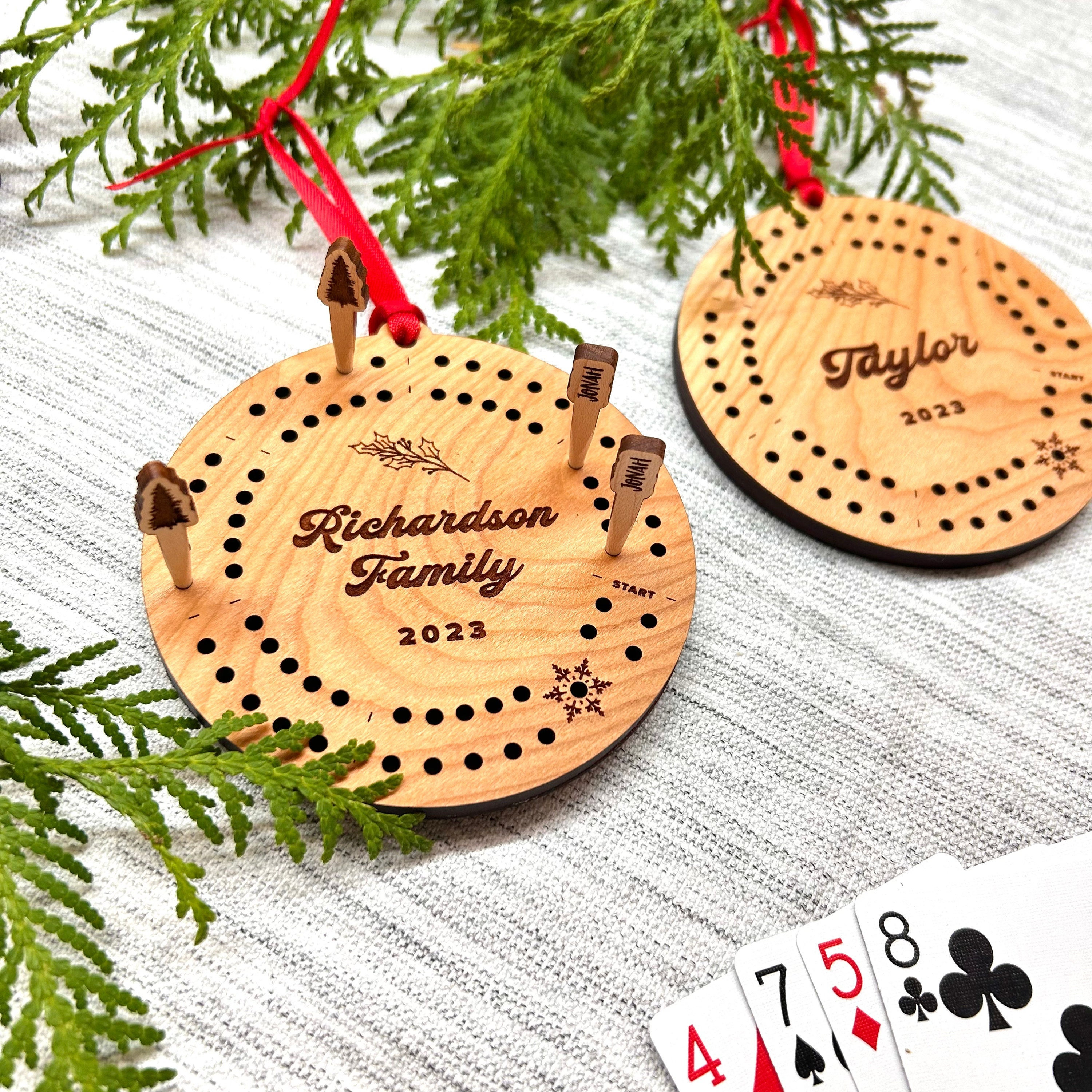 Cribbage Ornament 2024 Personalized | Round Travel Cribbage Board Holiday Ornament & Pegs | Stocking Stuffer