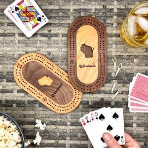 Wisconsin Mini Travel Cribbage Board with Custom Cribbage Pegs - Walnut & Cherry Wood - Travel Portable Cribbage On the Go
