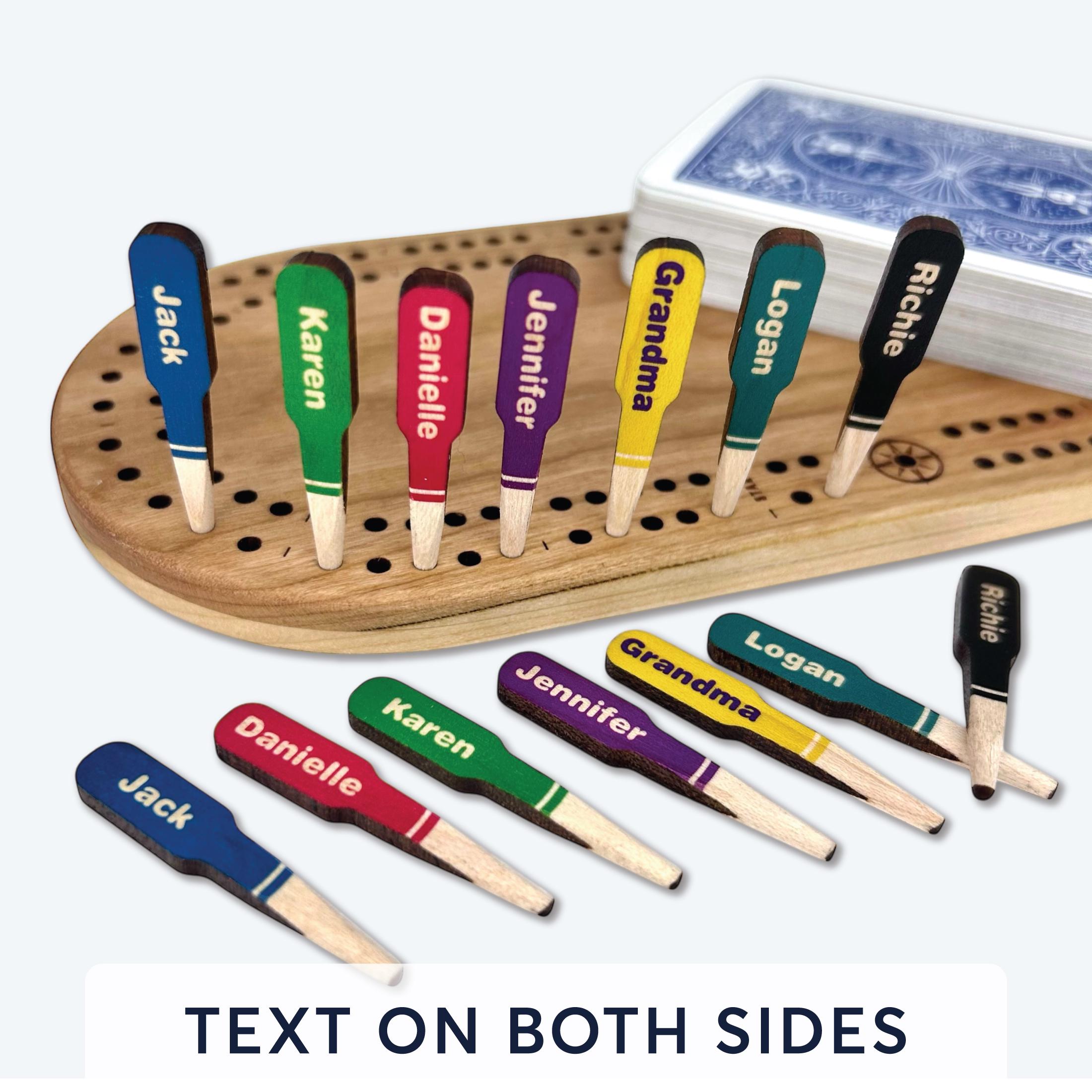 Custom Personalized Cribbage Pegs, Double Sided, Text on Both Sides of Wooden Pegs, Your Name Customized on Pegs in Solid Bold colors